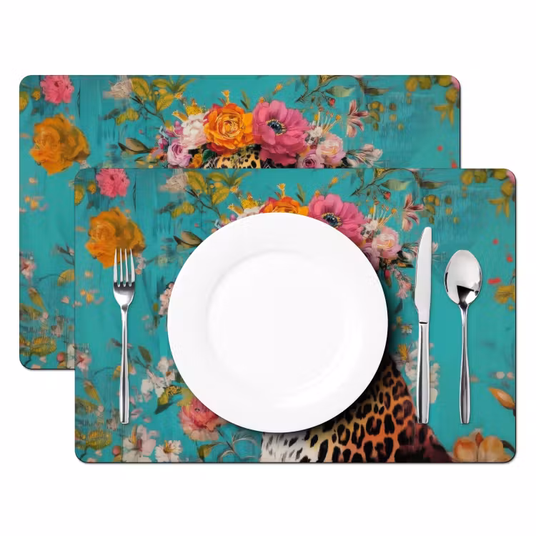 Placemat vinyl - Luipaard - Bloemen - Kroon — 2