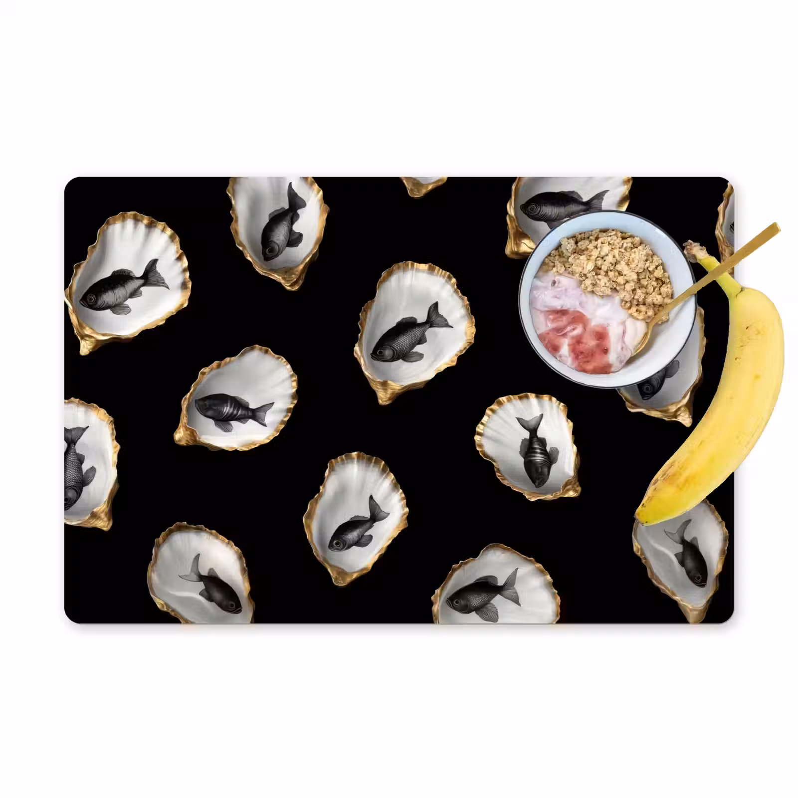 Placemat vinyl - Oesters - Zwart - Vissen - Goud — 1