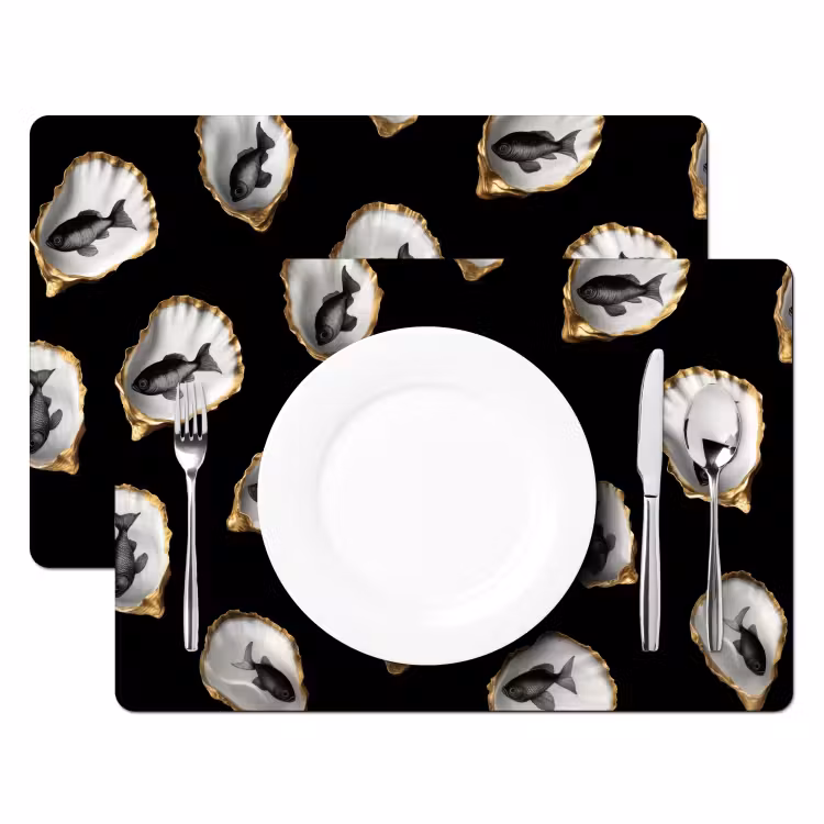 Placemat vinyl - Oesters - Zwart - Vissen - Goud — 2