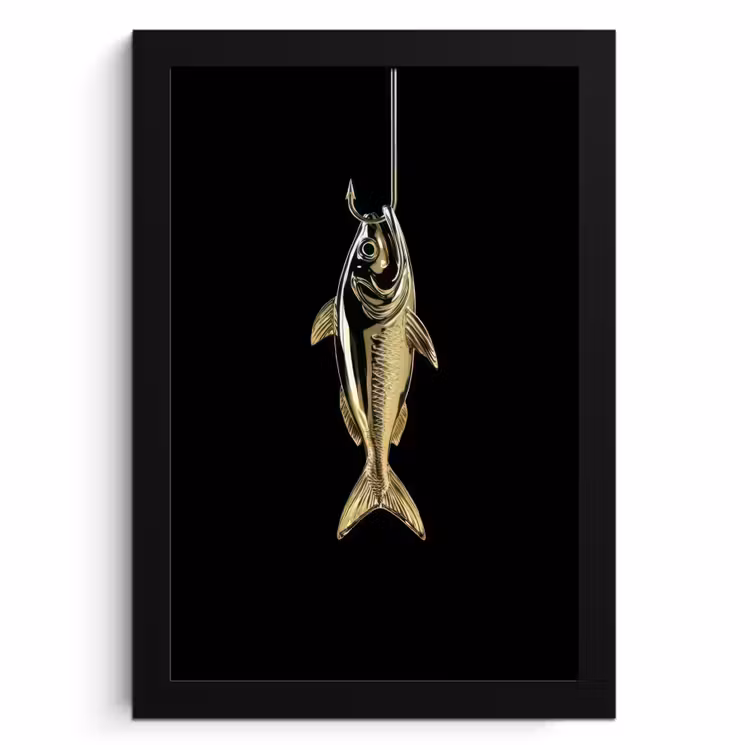 Poster met lijst - Goud - Vis - Haak - Zwart — 1
