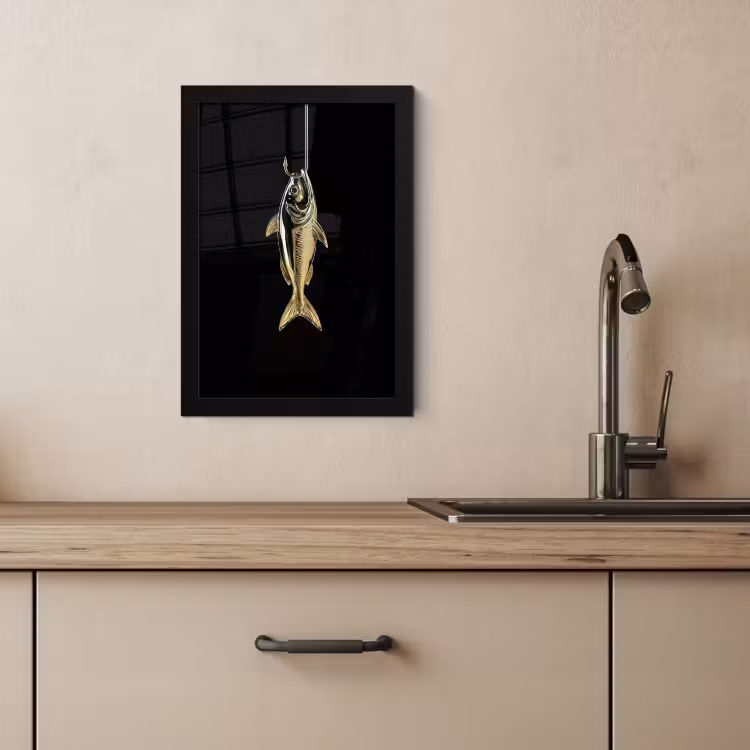 Poster met lijst - Goud - Vis - Haak - Zwart — 2