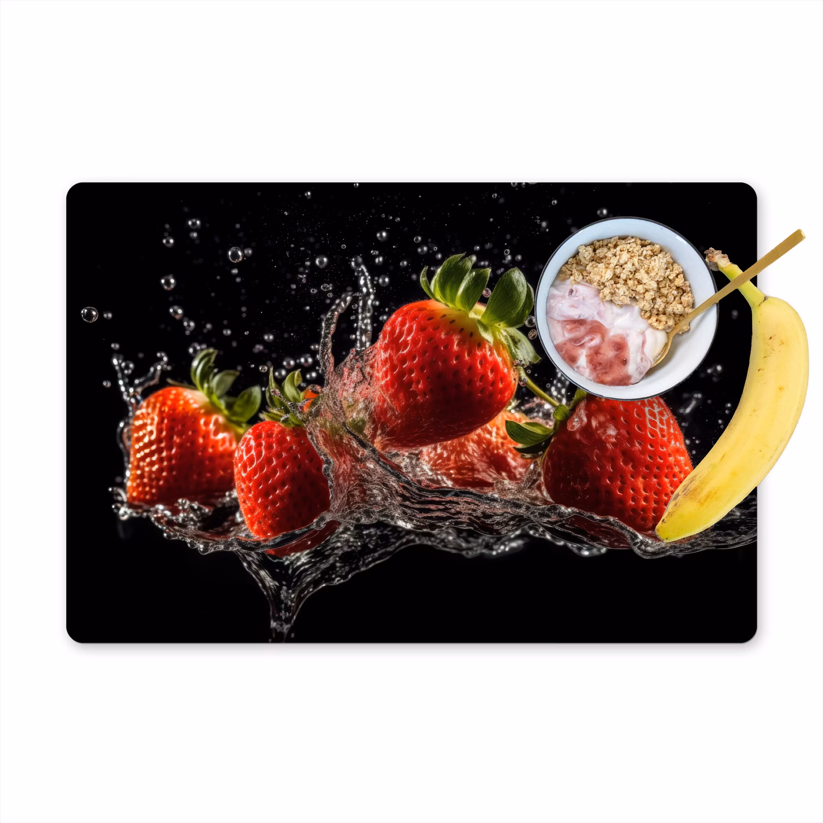 Placemat vinyl - Aardbeien - Fruit - Rood - Water - Zwart — 1