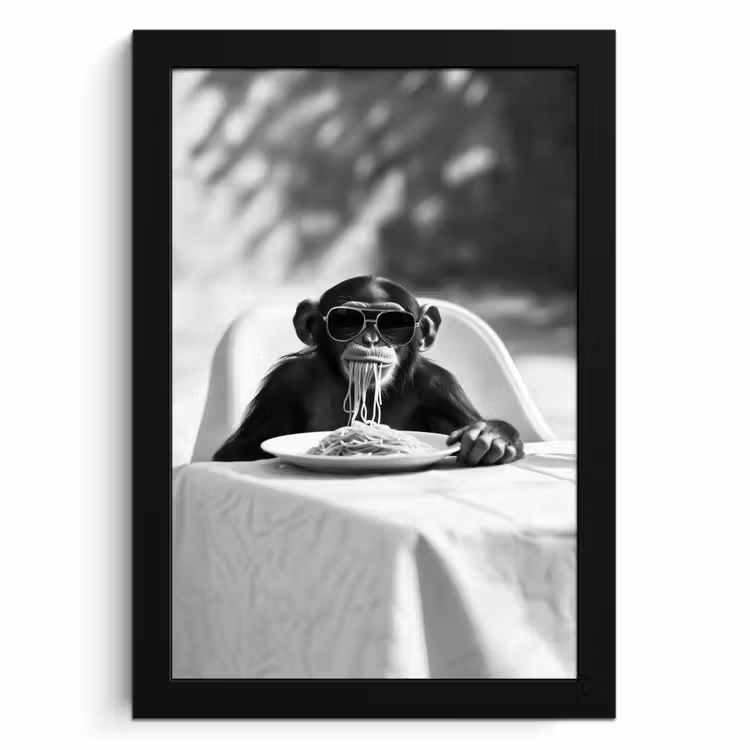 Poster met lijst - Aap - Spaghetti - Zonnebril - Zwart wit - Cool - Dier — 1