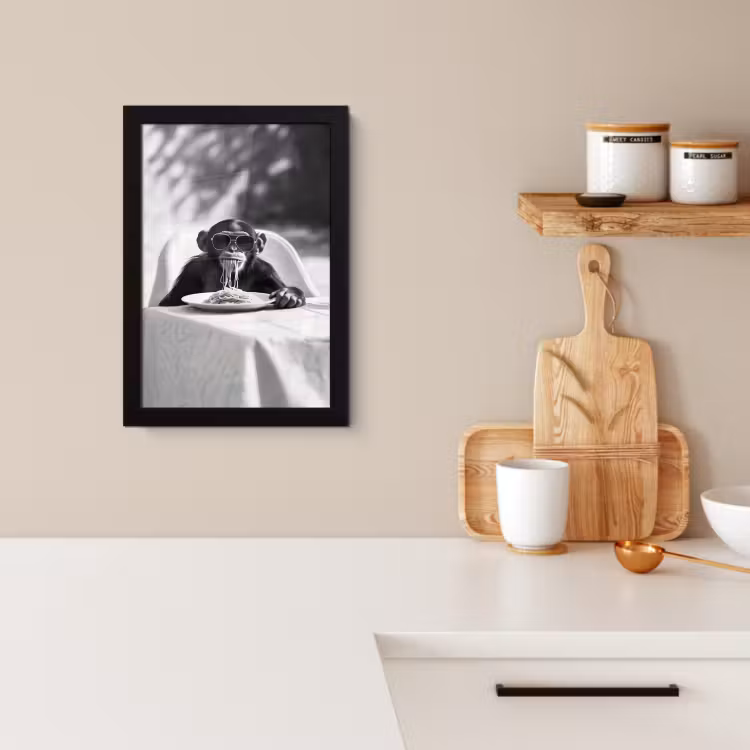 Poster met lijst - Aap - Spaghetti - Zonnebril - Zwart wit - Cool - Dier — 2