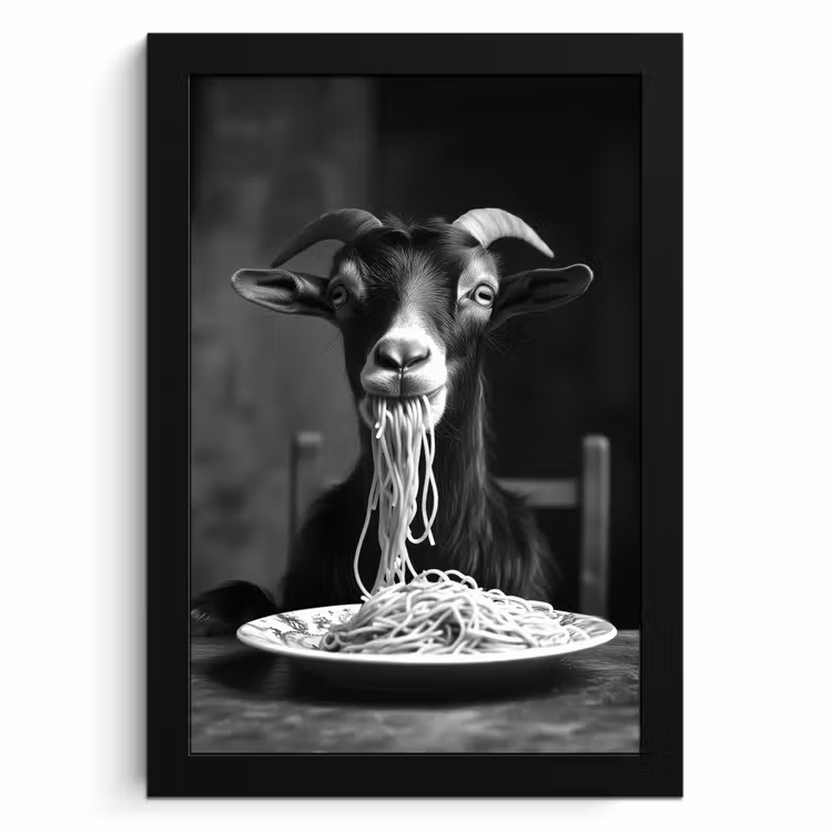 Poster met lijst - Geit - Bord - Spaghetti - Zwart Wit — 1