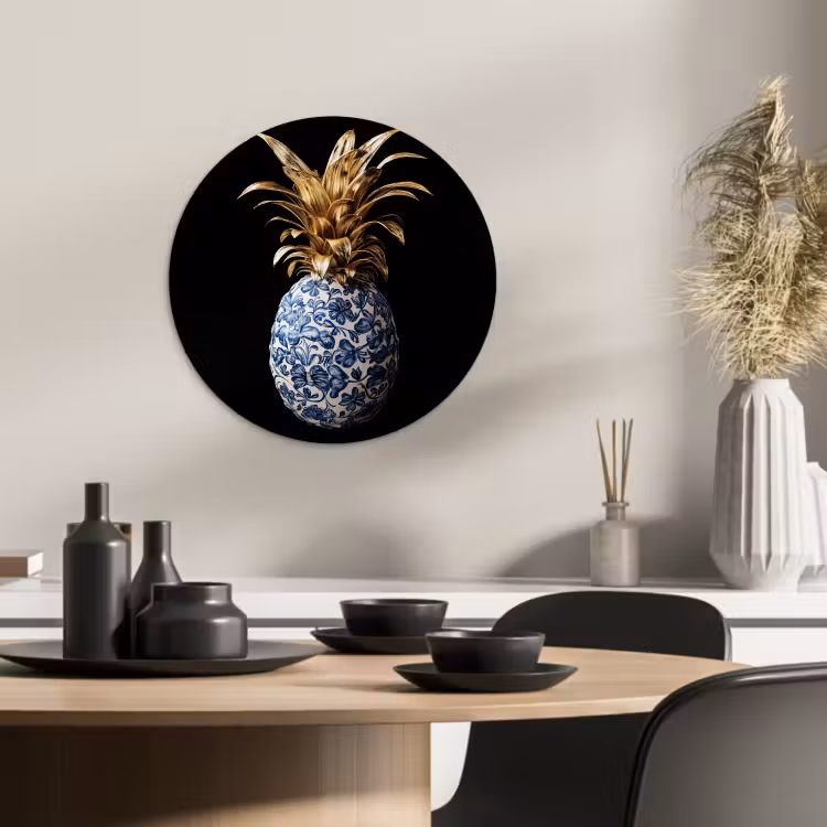Muurcirkel - Ananas - Bloemen patroon - Goud - Delftsblauw — 2