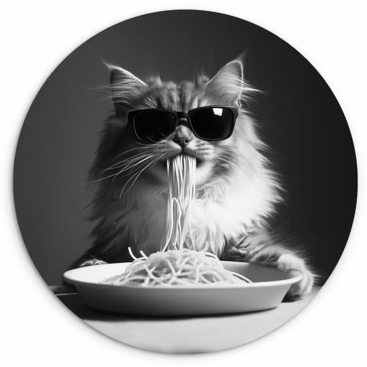 Muurcirkel - Langharige kat - Zonnebril - Spaghetti - Humor - Zwart - wit — 1