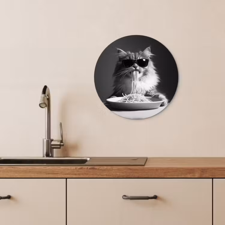 Muurcirkel - Langharige kat - Zonnebril - Spaghetti - Humor - Zwart - wit — 4
