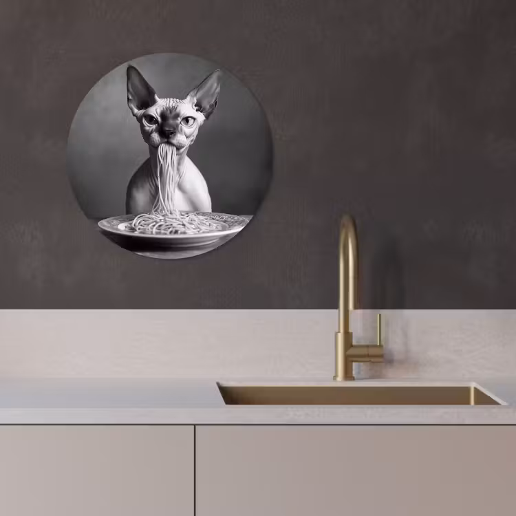 Muurcirkel - Sphynx - Kat - Dieren - Humor - Spaghetti - Zwart Wit — 1