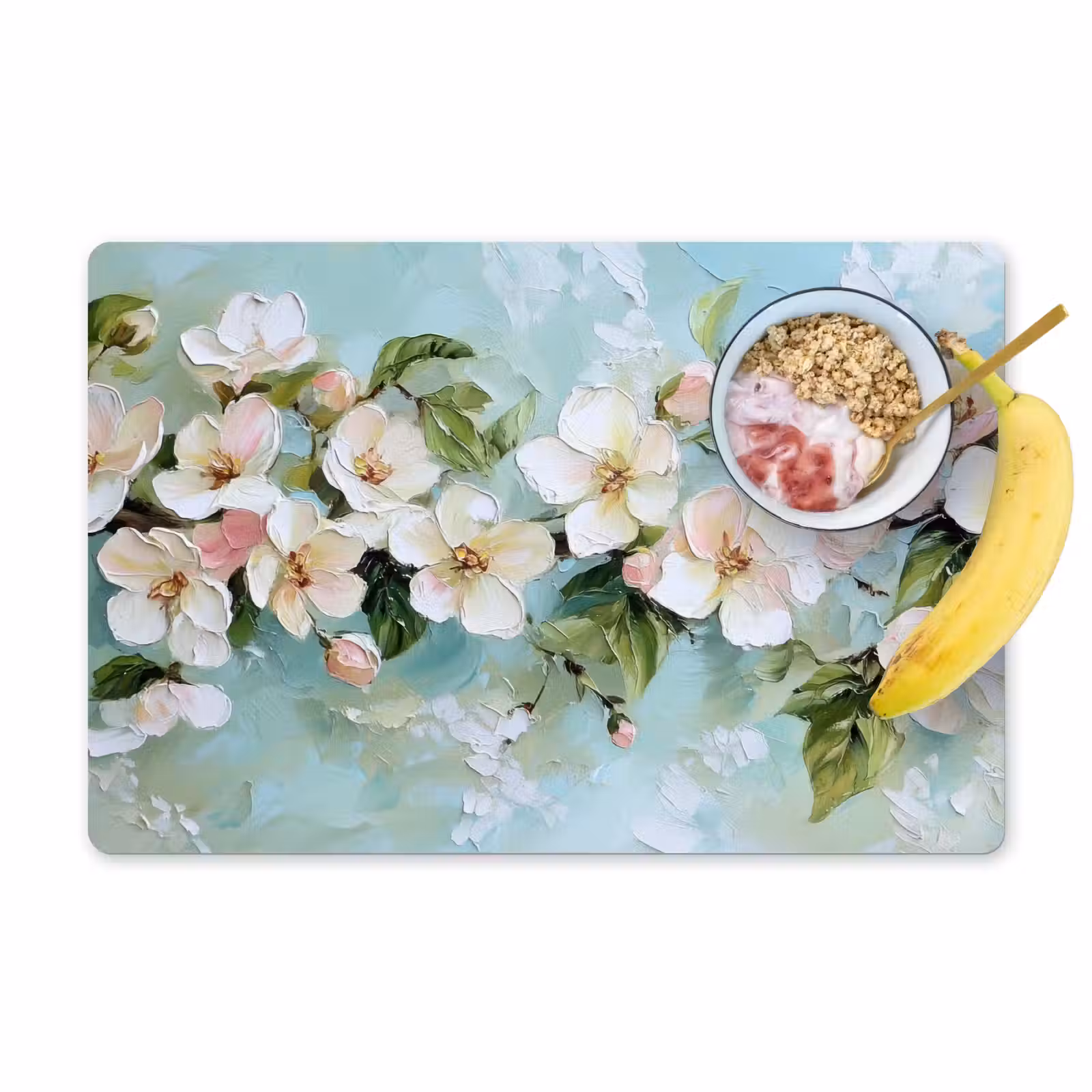 Placemat vinyl - Bloesem - Bladeren - Lichtblauw — 1