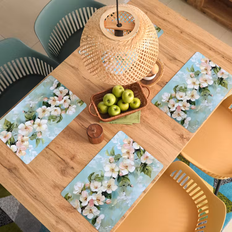 Placemat vinyl - Bloesem - Bladeren - Lichtblauw — 3