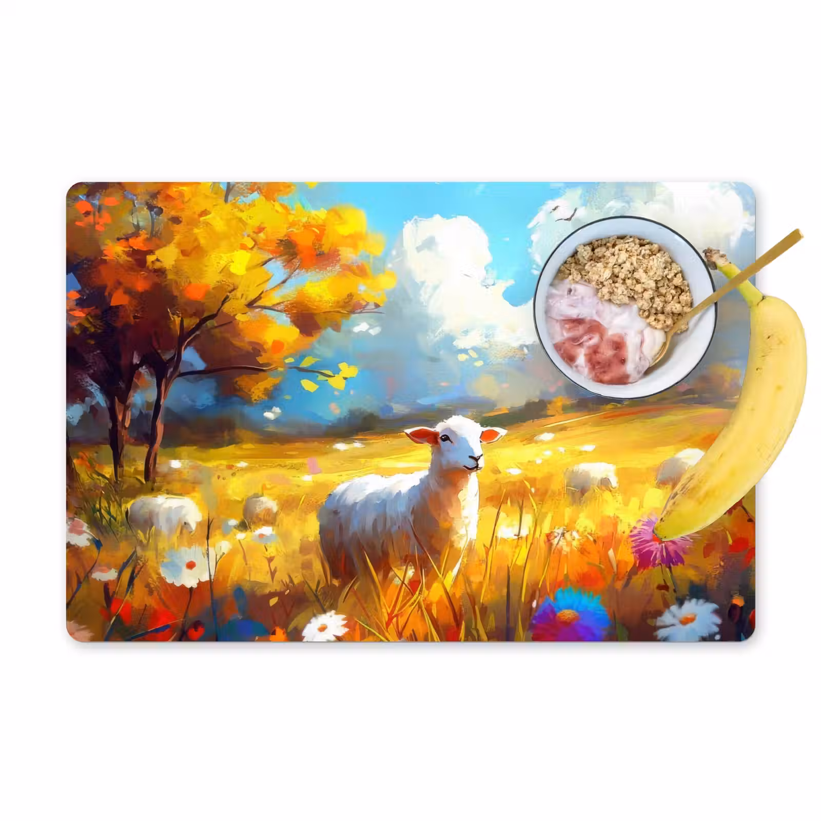Placemat vinyl - Schaap - Weide - Bloemen — 1