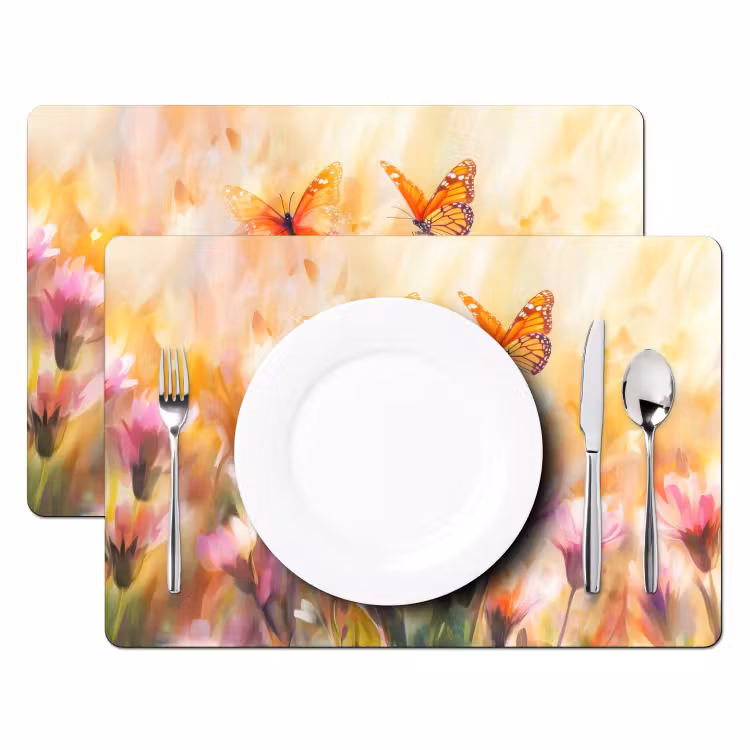 Placemat vinyl - Vlinders - Oranje - Bloemen — 2