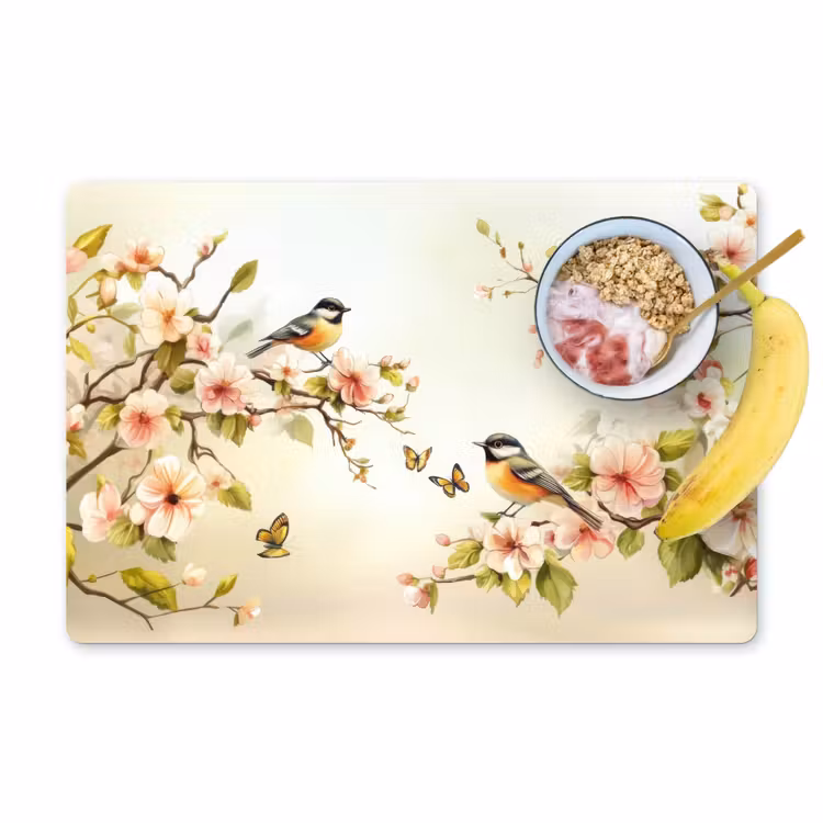 Placemat vinyl - Takken - Bloemen - Vogeltjes - Roze — 1