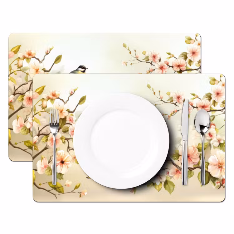 Placemat vinyl - Takken - Bloemen - Vogeltjes - Roze — 2