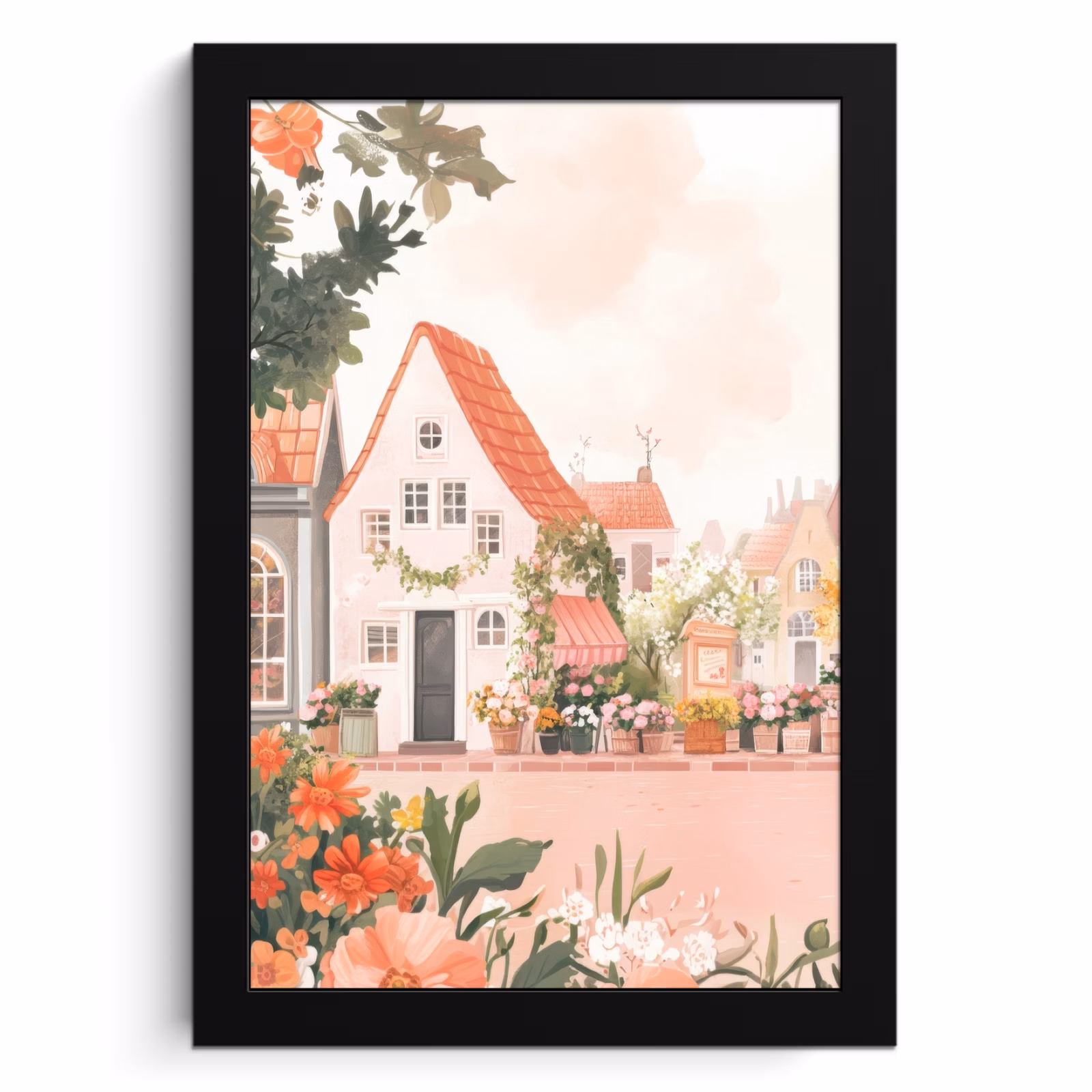 Poster met lijst - Bloemen - Huizen - Dorp — 1