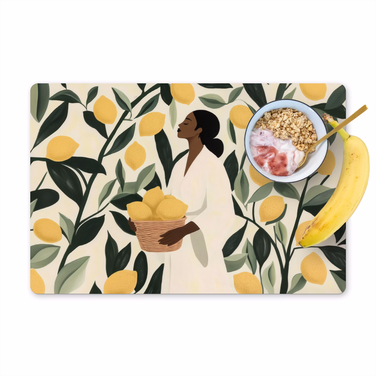 Placemat vinyl - Vrouw - Mand - Citroenen - Bladeren — 1