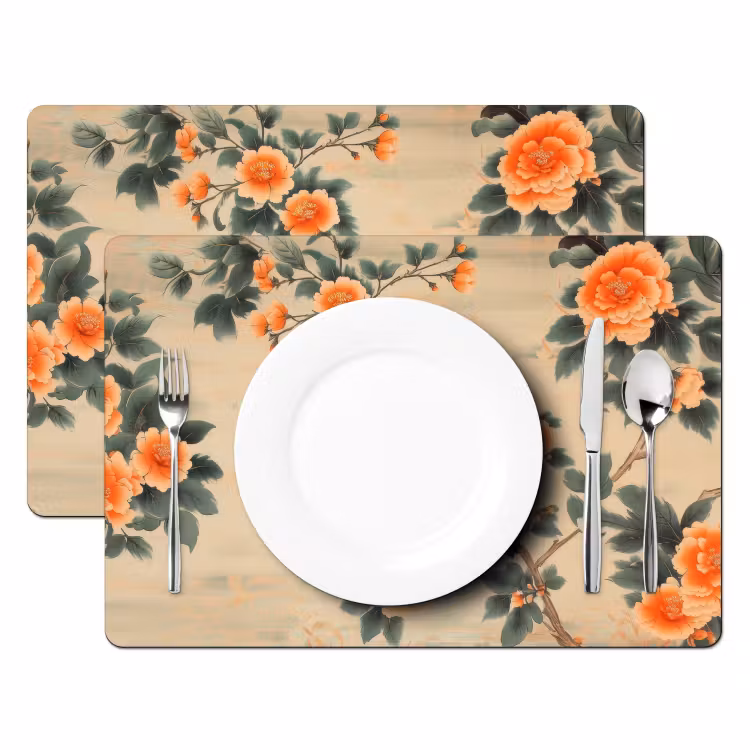 Placemat vinyl - Vogel - Tak - Bloemen - Oranje — 2