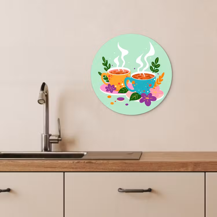 Muurcirkel - Thee - Illustratie - Kopjes - Bloemen — 3