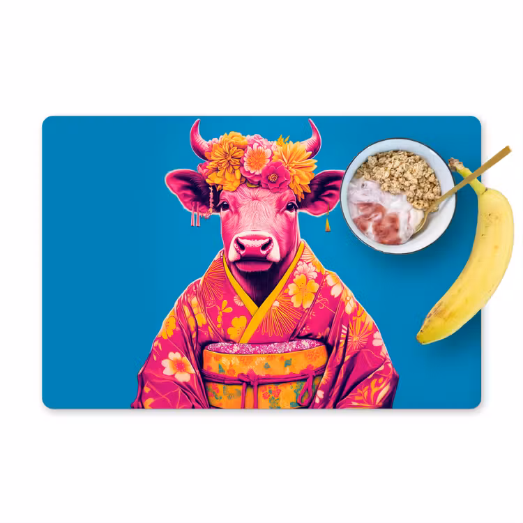 Placemat vinyl - Koe - Bloemenkrans - Oorhangers - Kimono — 1