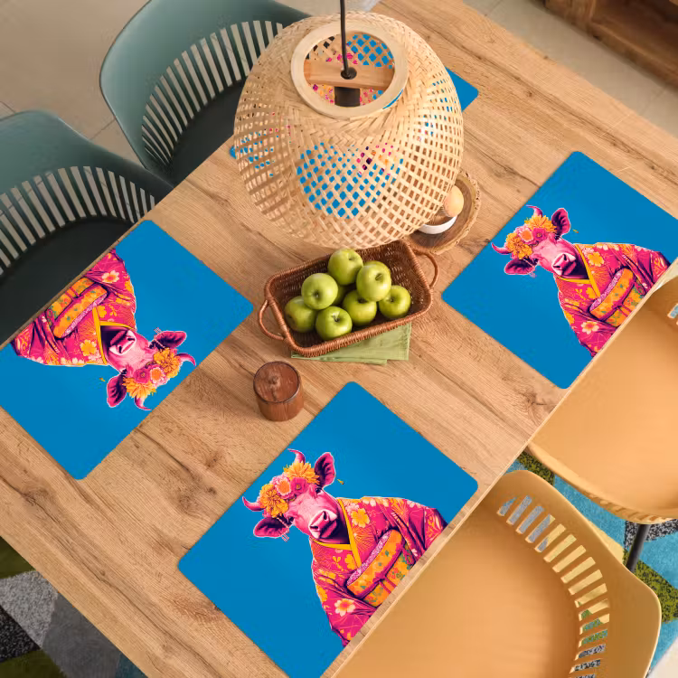 Placemat vinyl - Koe - Bloemenkrans - Oorhangers - Kimono — 3