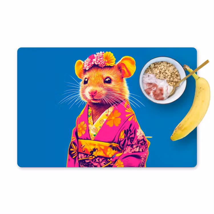 Placemat vinyl - Muis - Kimono - Bloemen - Blauw — 1