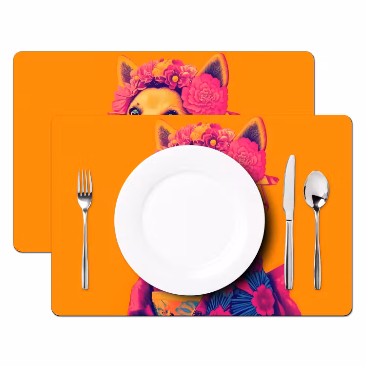 Placemat vinyl - Kimono - Hondje - Bloemenkroon - Oranje — 2