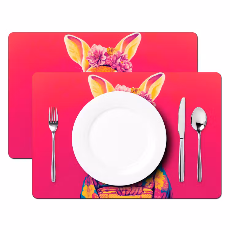 Placemat vinyl - Konijn - Bloemen - Kleurrijk - Kimono — 2
