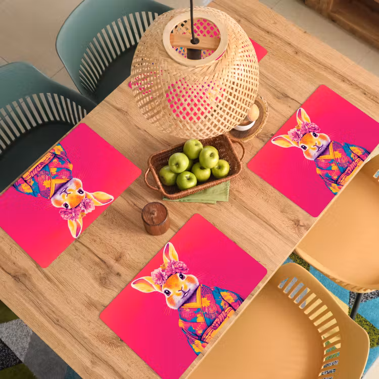 Placemat vinyl - Konijn - Bloemen - Kleurrijk - Kimono — 3