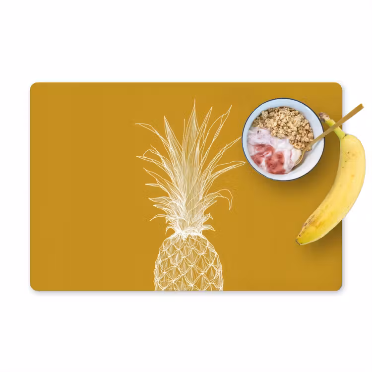 Placemat vinyl - Lijnillustratie - Ananas - Bladkroon - Okergeel — 1