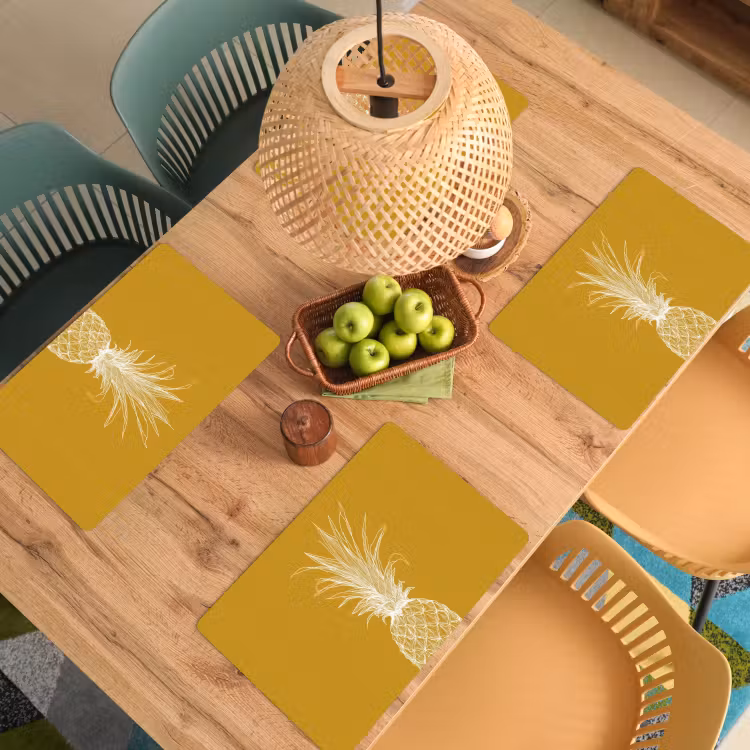 Placemat vinyl - Lijnillustratie - Ananas - Bladkroon - Okergeel — 3