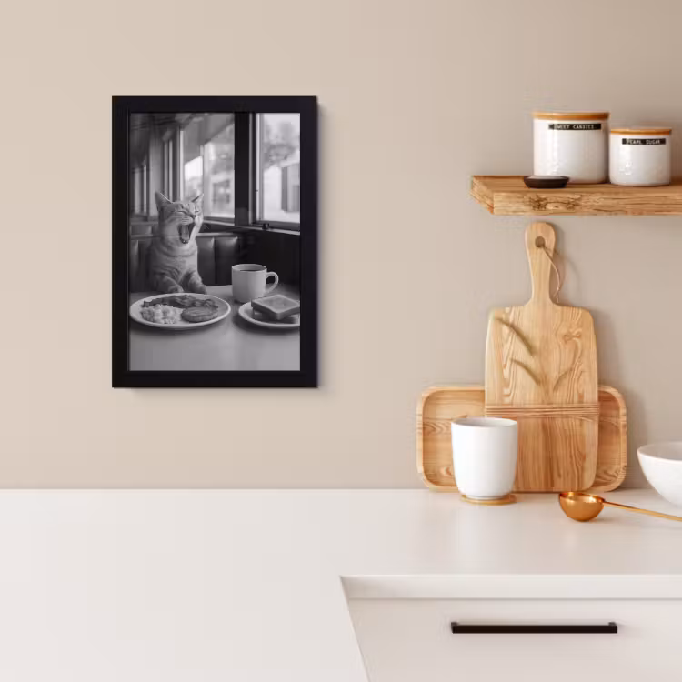 Poster met lijst - Kat - Koffie - Brood - Zwart — 2