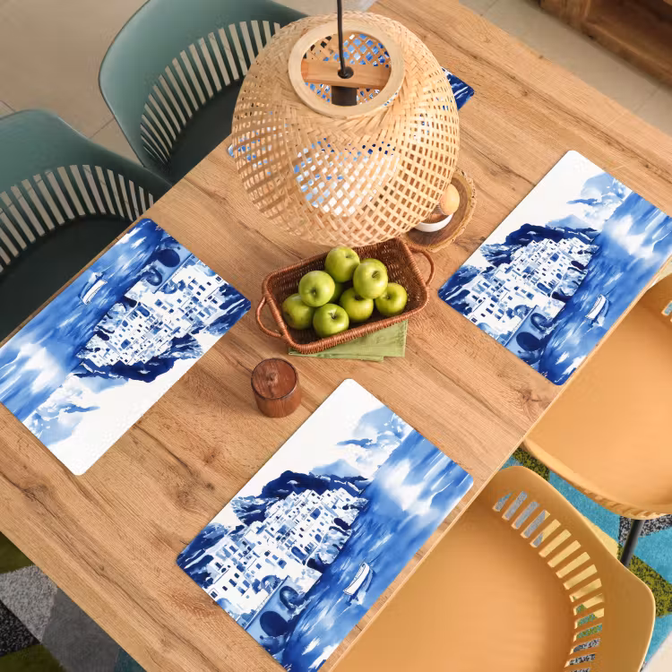 Placemat vinyl - Dorp - Rotswand - Roeiboot - Water — 3