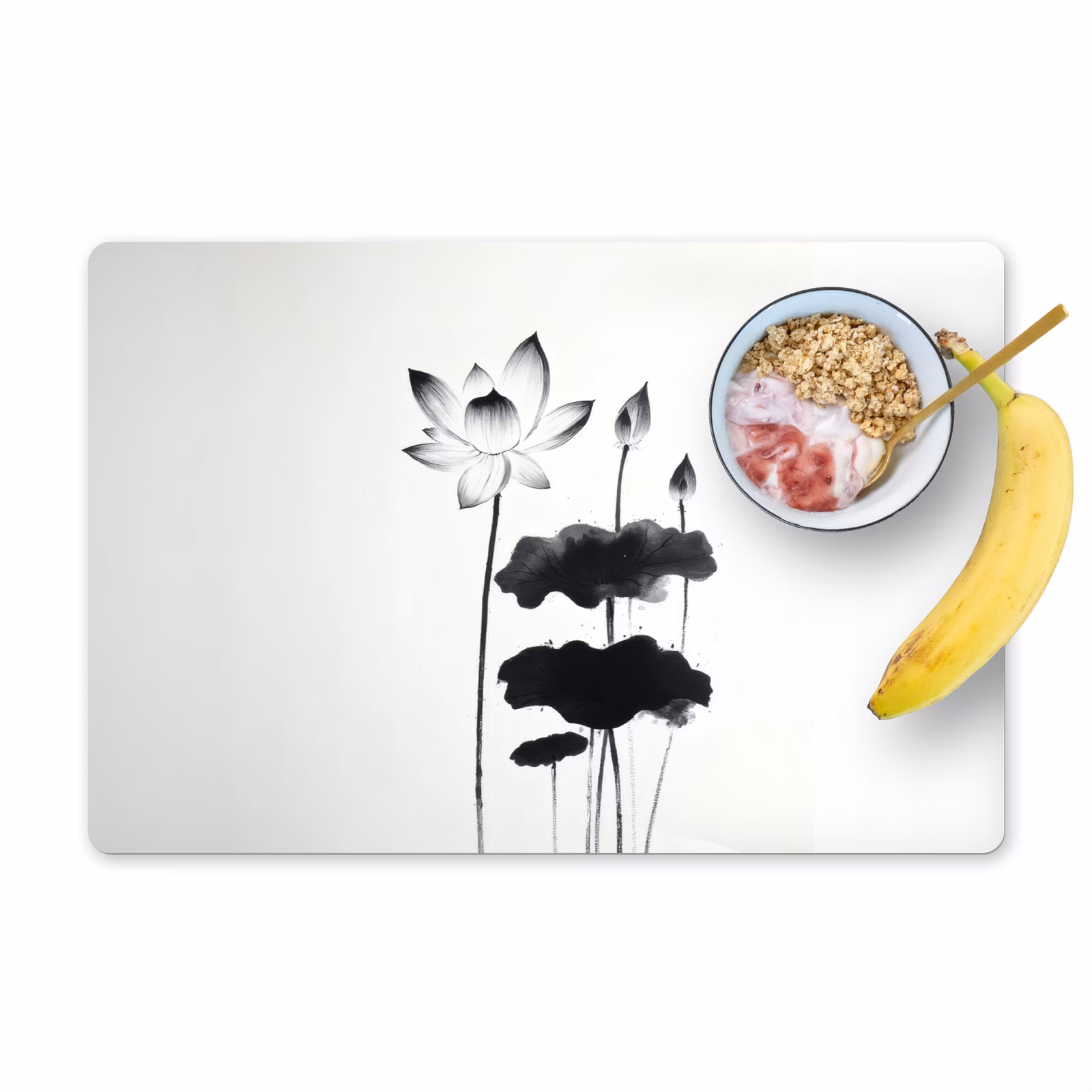 Placemat vinyl - Bladeren - Zwart - Lotusbloem - Minimalitisch — 1