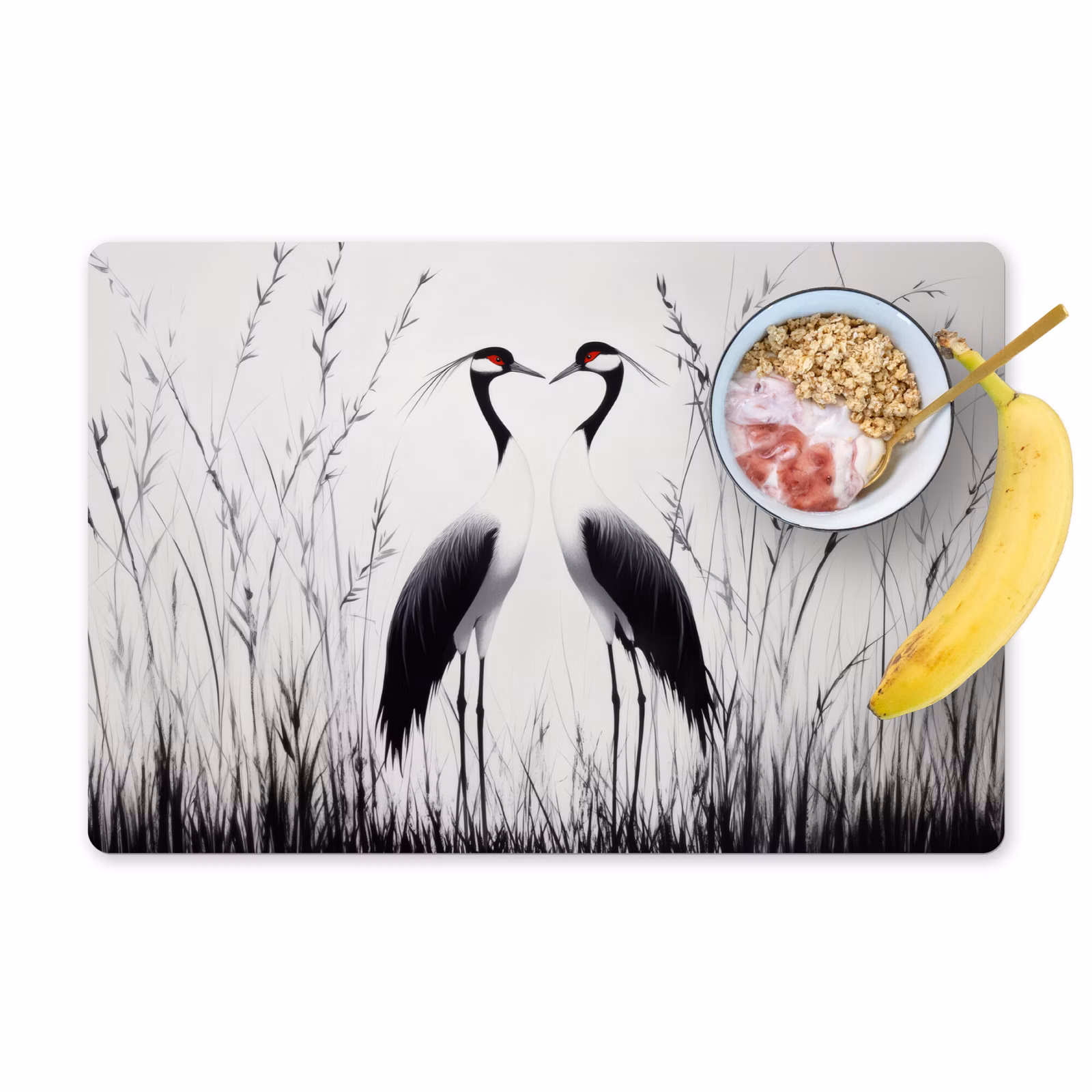 Placemat vinyl - Kraanvogels - Gras - Hartvorm - Zwart — 1