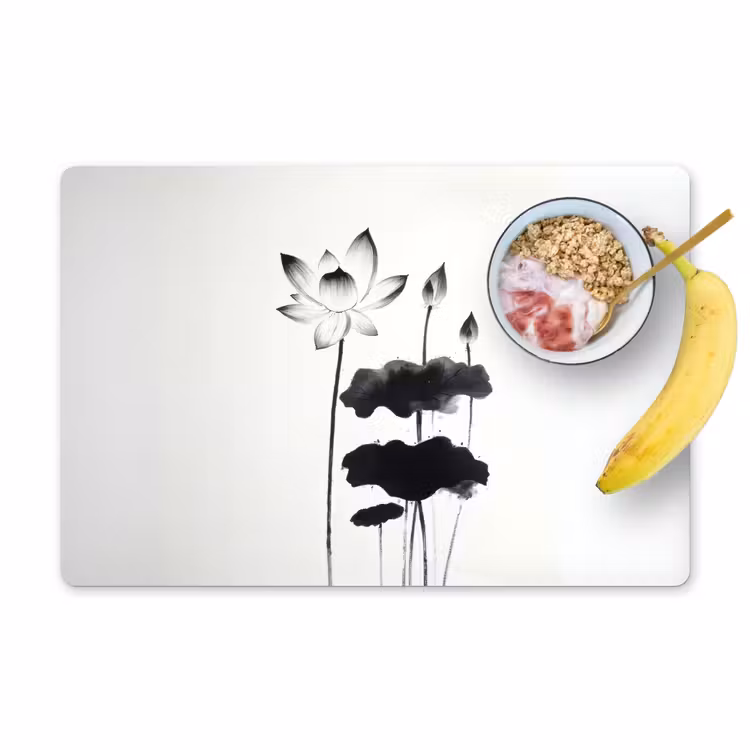 Placemat vinyl - Bladeren - Zwart - Lotusbloem - Minimalitisch — 1