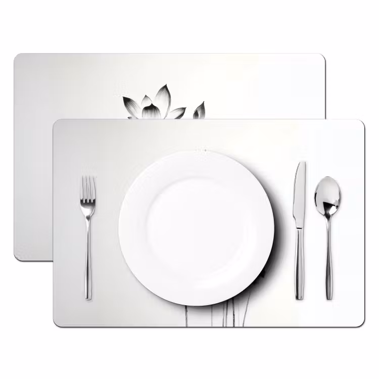 Placemat vinyl - Bladeren - Zwart - Lotusbloem - Minimalitisch — 2