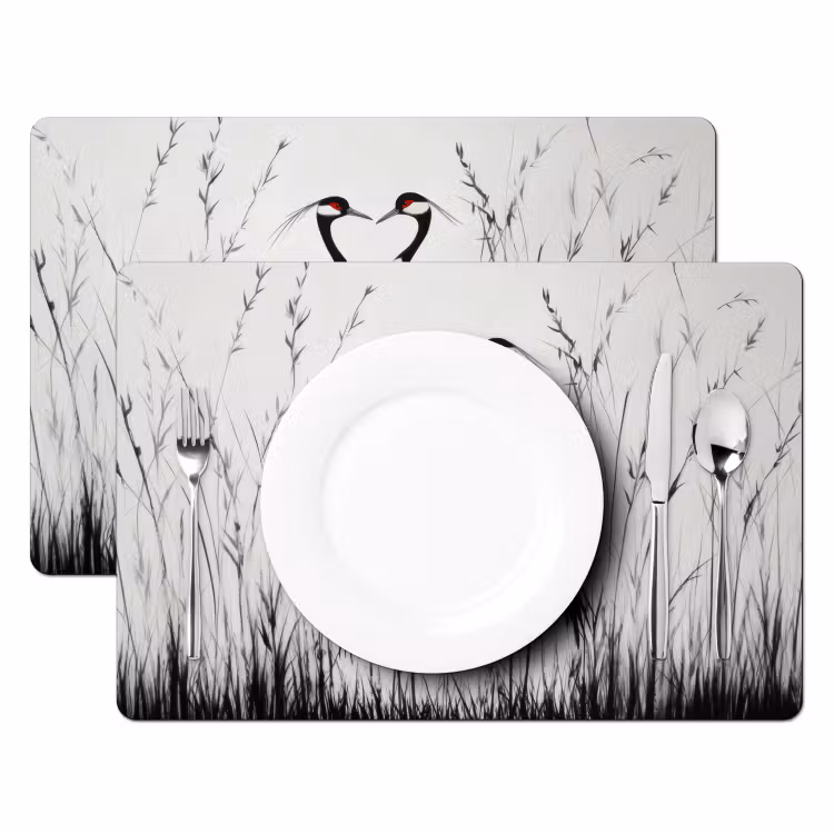 Placemat vinyl - Kraanvogels - Gras - Hartvorm - Zwart — 2