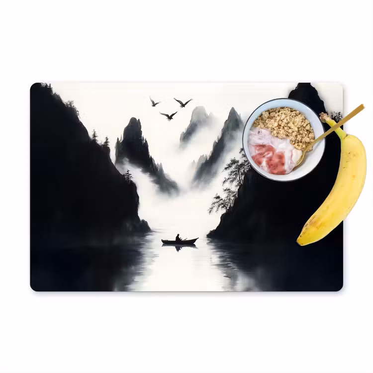 Placemat vinyl - Roeiboot - Mistig - Bergen - Vogels — 1