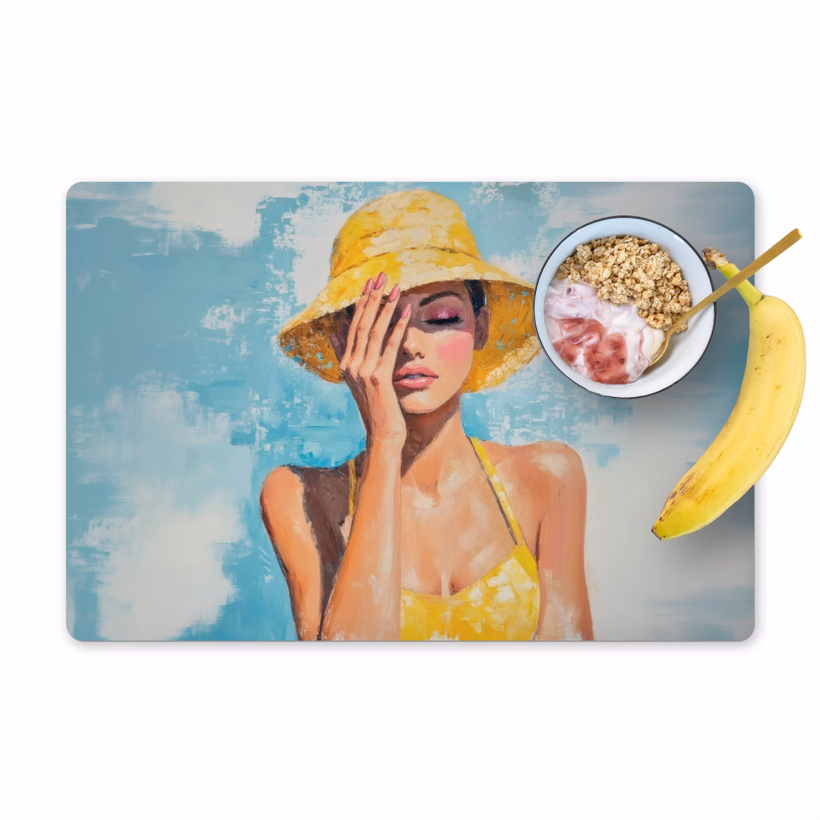 Placemat vinyl - Schilderij - Vrouw - Hoed - Geel — 1