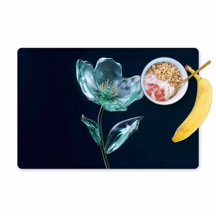 Placemat vinyl - Bladeren - Bloem - Glazen - Donkerblauw — 1