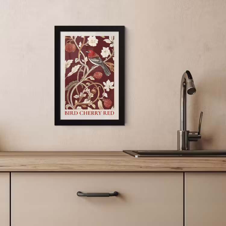Poster met lijst - Vogel - Bordeaux - Bloemen - Bessen — 4