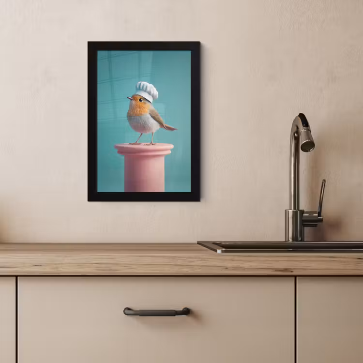 Poster met lijst - Roodborstje - Vogel - Koksmuts - Sokkel — 4
