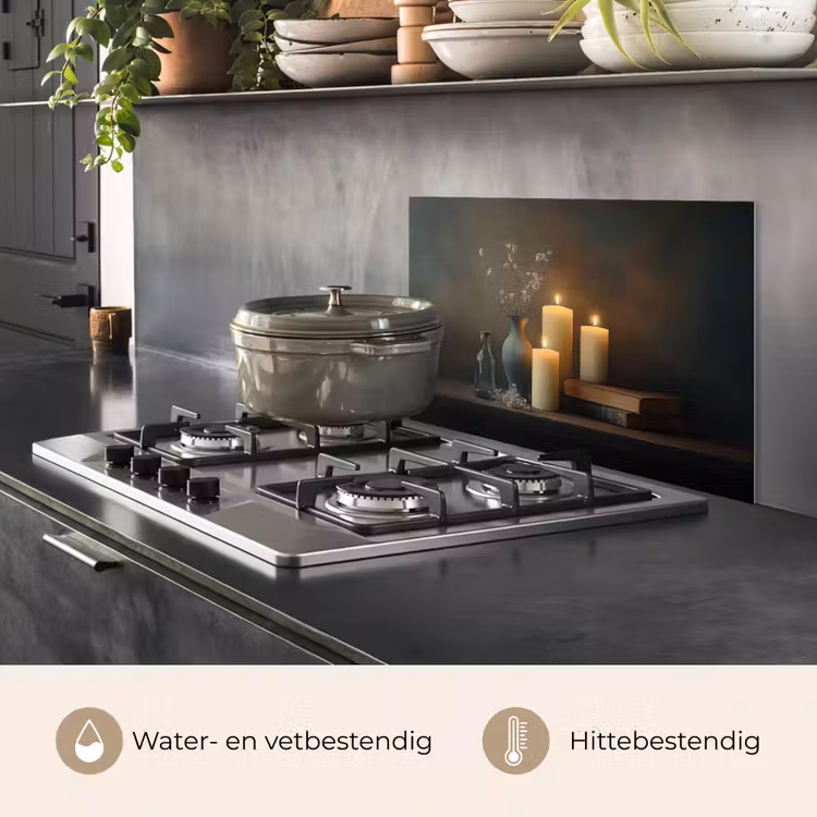 Spatscherm keuken - Kaarsen - Stilleven - Rustiek - Boeken — 2