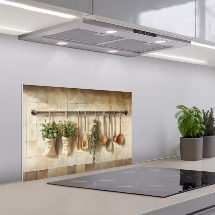 Spatscherm keuken - Hout - Keukengerei - Stilleven - Tegels — 1