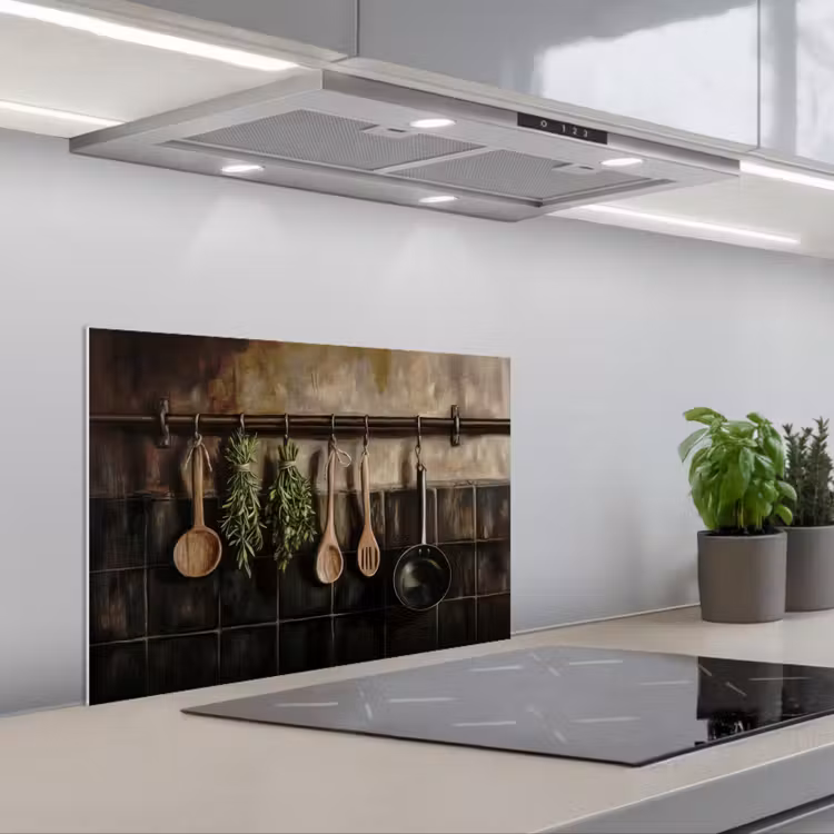 Spatscherm keuken - Keukengerei - Rustiek - Tegels - Kruiden — 1