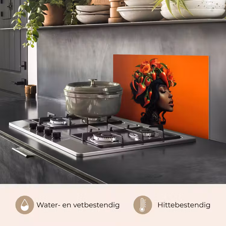 Spatscherm keuken - Vrouw - Chilipepers - Pepers - Bloemen — 2