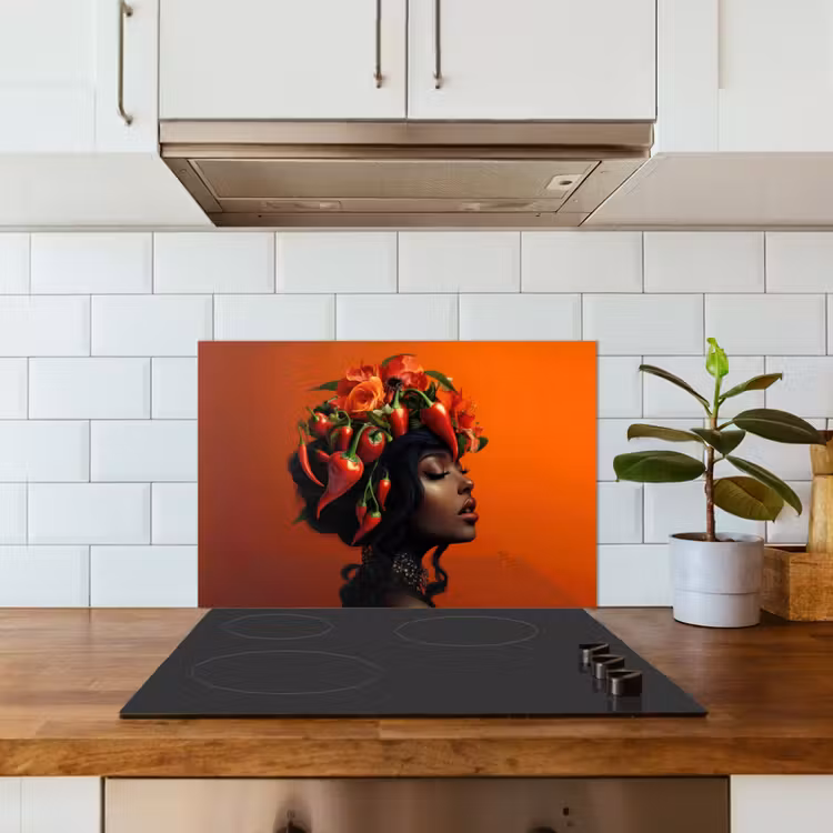 Spatscherm keuken - Vrouw - Chilipepers - Pepers - Bloemen — 3