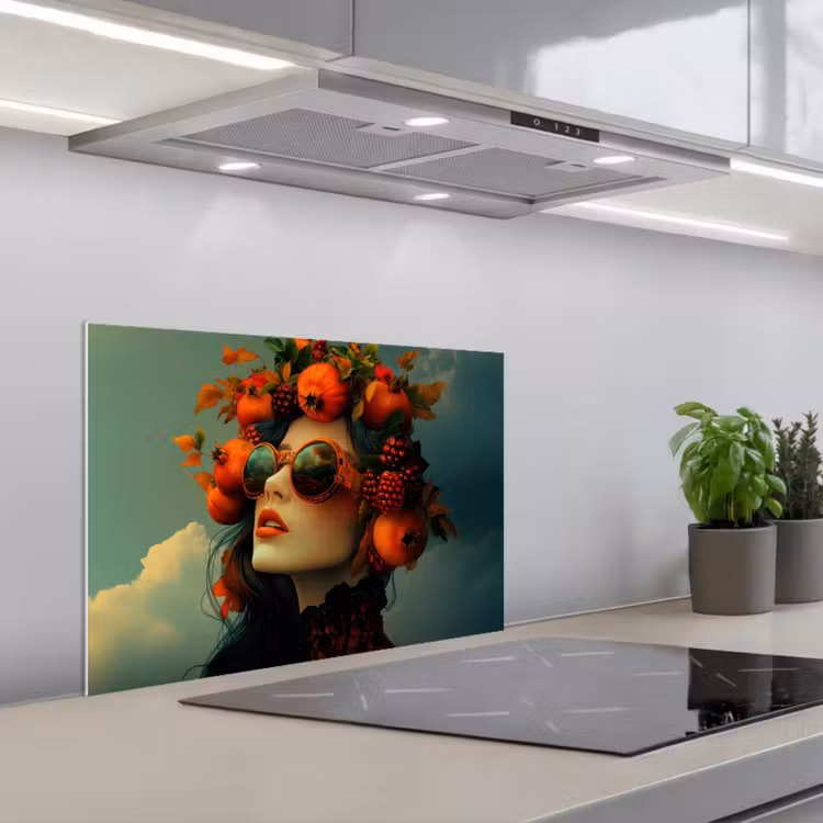 Spatscherm keuken - Vrouw - Granaatappel - Herfst - Zonnebril — 1