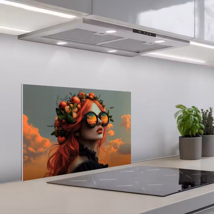 Spatscherm keuken - Vrouw - Kroon - Tomaat - Bascilicum - Zonnebril — 1